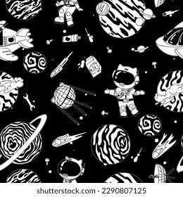 Astronaut in the open space. UFOs, spaceships, rockets. Solar system, Intergalactic travel. Galaxies, planets, asteroids, comets, shooting stars. Black and white pattern. Vector.