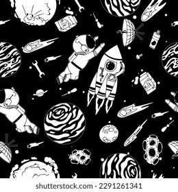 Astronaut in the open space. UFOs, spaceships, rockets. Solar system, Intergalactic travel. Galaxies, planets, asteroids, comets, shooting stars. Black and white pattern. Vector.