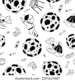 Astronaut in the open space. UFOs, spaceships, rockets. Solar system, Intergalactic travel. Galaxies, planets, asteroids, comets, shooting stars. Black and white pattern. Vector.