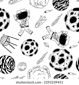 Astronaut in the open space. UFOs, spaceships, rockets. Solar system, Intergalactic travel. Galaxies, planets, asteroids, comets, shooting stars. Black and white pattern. Vector.