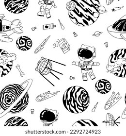 Astronaut in the open space. UFOs, spaceships, rockets. Solar system, Intergalactic travel. Galaxies, planets, asteroids, comets, shooting stars. Black and white pattern. Vector.