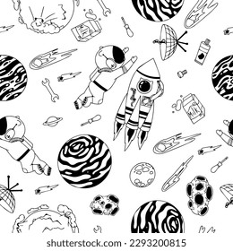 Astronaut in the open space. UFOs, spaceships, rockets. Solar system, Intergalactic travel. Galaxies, planets, asteroids, comets, shooting stars. Black and white pattern. Vector.