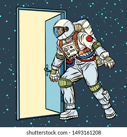 astronaut opens the door to space. Pop art retro vector stock illustration drawing