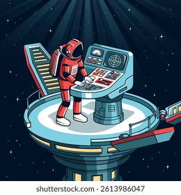 Astronaut operating control panel on a futuristic space platform in deep space. Vector retro comics style.