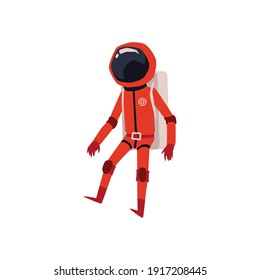 Astronaut in orange space suit and helmet cartoon character, flat vector illustration isolated on white background. Cosmonaut or spaceman comic funny personage.