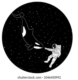 Astronaut with orca among starts in outer space black and white illustration