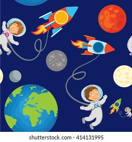 Astronaut in outer space against the backdrop of the planet earth and shuttle. kids seamless print.