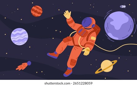 Astronauta no espaço sideral entre estrelas. Cosmonauta de traje espacial. Planetas cósmicos. Cometas ou meteoritos. Descoberta de galáxias. Exploração do universo. Homem espacial sem peso. Conceito de vetor