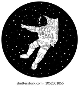 Astronaut in outer space black and white illustration