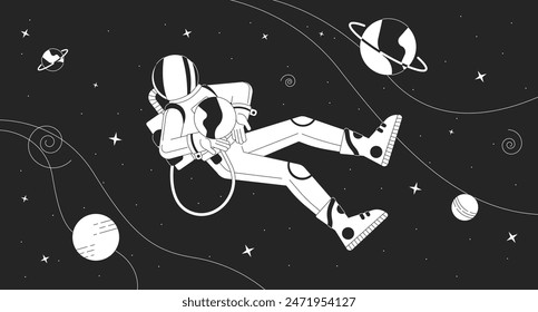 Astronaut in outer space black and white lofi wallpaper. Explorer in protective suit among celestial bodies 2D outline cartoon flat illustration. Cosmos depth vector line lo fi aesthetic background