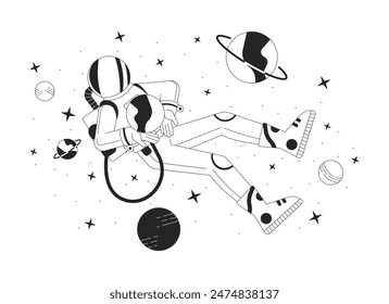 Astronaut in outer space black and white 2D illustration concept. Person wearing protective costume in cosmos cartoon outline character isolated on white. Lo fi theme scene vector color image