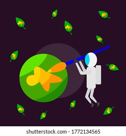 astronaut in outer space with a brush for painting paints a green planet in orange autumn colors concept of the golden season and nature