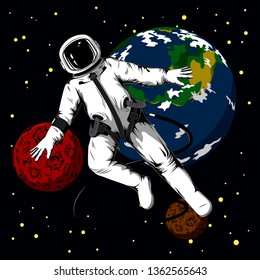 Astronaut in outer space. Color vector image of the astronaut and the planets.