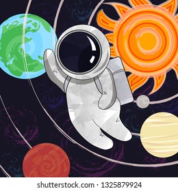 Astronaut in outer space. Cosmos discovery and exploration poster. Flat style, vector illustration