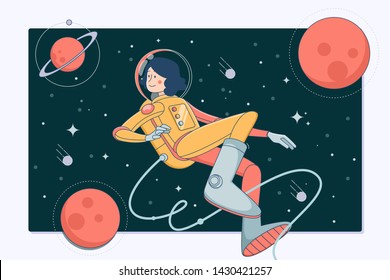 Astronaut in outer space. Cosmos discovery and exploration.Flat vector illustration