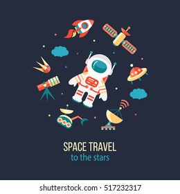 Astronaut In Outer Space. Cosmos Discovery And Exploration Poster. Flat Style, Vector Illustration. 