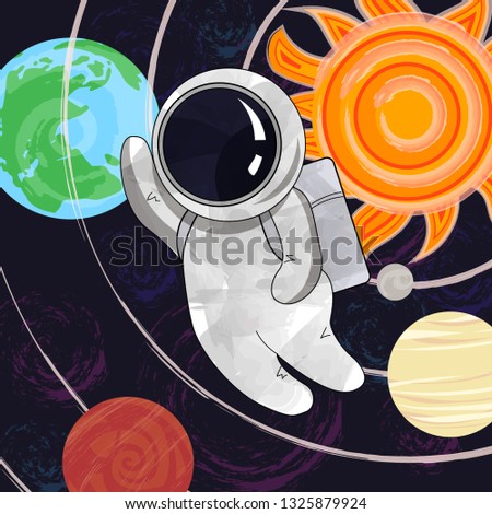 Astronaut in outer space. Cosmos discovery and exploration poster. Flat style, vector illustration