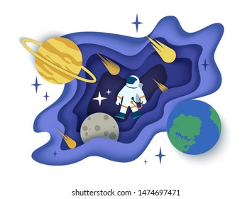 Astronaut in outer space, Earth, Saturn and other solar system planets, comets, vector illustration in paper art style. Space journey, astronomy science concept.