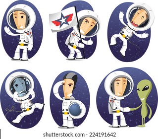 Astronaut in outer space exploration mission cartoon character action set