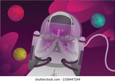 Astronaut in outer space holding pink diamond with flat design concept. Modern space illustration vector design. Space background isolated with purple background. Planets and stars.
