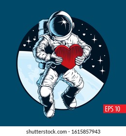 Astronaut in outer space holding a red heart. Greeting card or banner for Valentine's day. Cosmonaut vector illustration.