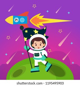 Astronaut and outer space illustration. Kids astronaut and outer space vector illustration