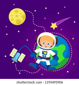 Astronaut and outer space illustration. Kids astronaut and outer space vector illustration