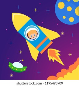 Astronaut and outer space illustration. Kids astronaut and outer space vector illustration
