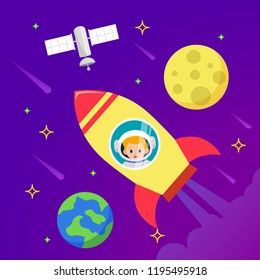 Astronaut and outer space illustration. Kids astronaut and outer space vector illustration