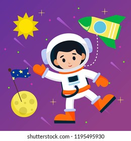 Astronaut and outer space illustration. Kids astronaut and outer space vector illustration
