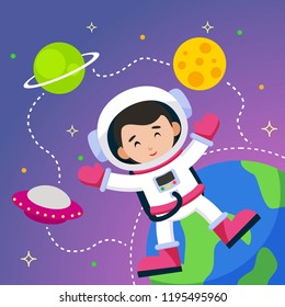 Astronaut and outer space illustration. Kids astronaut and outer space vector illustration