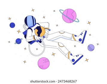 Astronaut in outer space line cartoon flat illustration. Person wearing protective costume in cosmos 2D lineart character isolated on white background. Lo fi theme scene vector color image