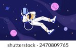 Astronaut in outer space lofi wallpaper. Explorer in protective suit among celestial bodies 2D cartoon flat illustration. Cosmos depth discovering chill vector art, lo fi aesthetic colorful background