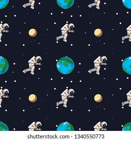 astronaut in outer space near the earth and the moon seamless pattern