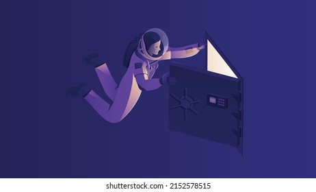 An astronaut in outer space opens the iron door of a safe. The safe emits a bright light. Creative illustration in cartoon style. Vector illustration.