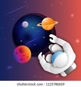 Astronaut in outer space over of the distant deep exoplanet. Science theme. Astronomy concept