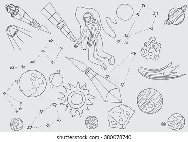 Astronaut in outer space, planets, rockets, solar system. The first spacewalk.Vector sketch.