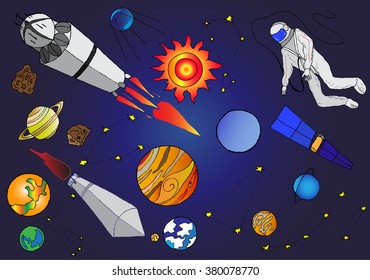 Astronaut in outer space, planets, rockets, solar system. The first spacewalk.Vector sketch.