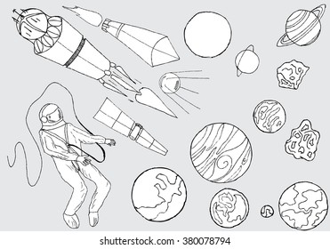 Astronaut in outer space, planets, rockets, solar system. The first spacewalk.Vector sketch.