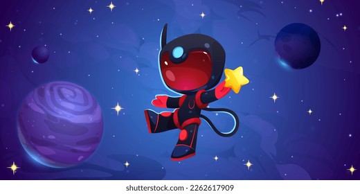 Astronaut in outer space with planets and stars. Cosmos background with cute cosmonaut in black spacesuit and red helmet holding star, vector cartoon illustration