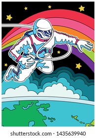 Astronaut In Outer Space, Psychedelic Color Art Poster. Spaceman, Globe, Rainbow