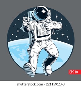 Astronaut in outer space shows thumb up and pointing gestures. Friendly space tourist. Vector illustration.