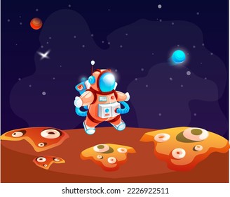 Astronaut in outer space in spacesuit walks on planet concept. Game location cosmic area background. Futuristic alien planet landscape and cute vector cartoon cosmonaut spaceman in cosmos area