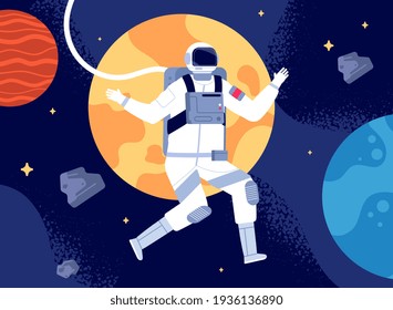 Astronaut in outer space. Spacewalk, astronauts fantastic journey. Cosmonaut in space suit, colorful discovery in utter universe vector concept