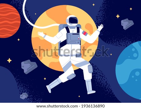 Astronaut in outer space. Spacewalk, astronauts fantastic journey. Cosmonaut in space suit, colorful discovery in utter universe vector concept