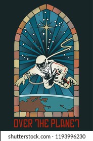 Astronaut in Outer Space Stained Glass Window Stylization