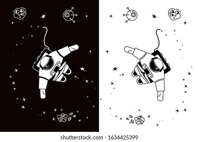 Astronaut in outer space. Stars, meteor rocks, and a satellite are all around. Mirror image on a black background and on a white background. Vector isolated image.