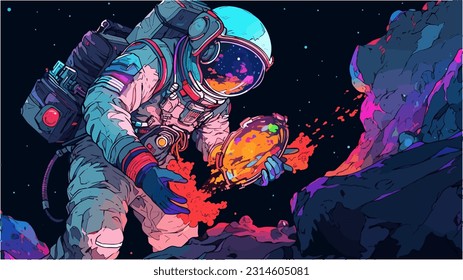 an astronaut in outer space taking samples from an asteroid