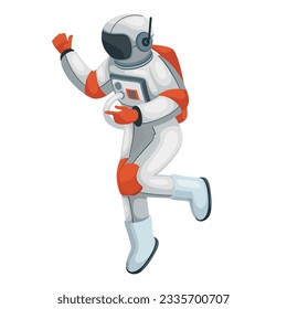 Astronaut in outer space vector illustration. Cartoon isolated spaceman in helmet, jetpack and futuristic spacesuit flying in zero gravity, cosmic weightless flight of astronaut character in universe