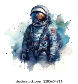 Astronaut in outer space. Watercolor astronaut in costume and helmet. Watercolor splash splatters